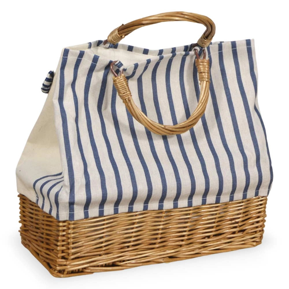 Borsa mare Spring con manico in vimini e tela blu con fiocco cm 29x13,5 x h27,5