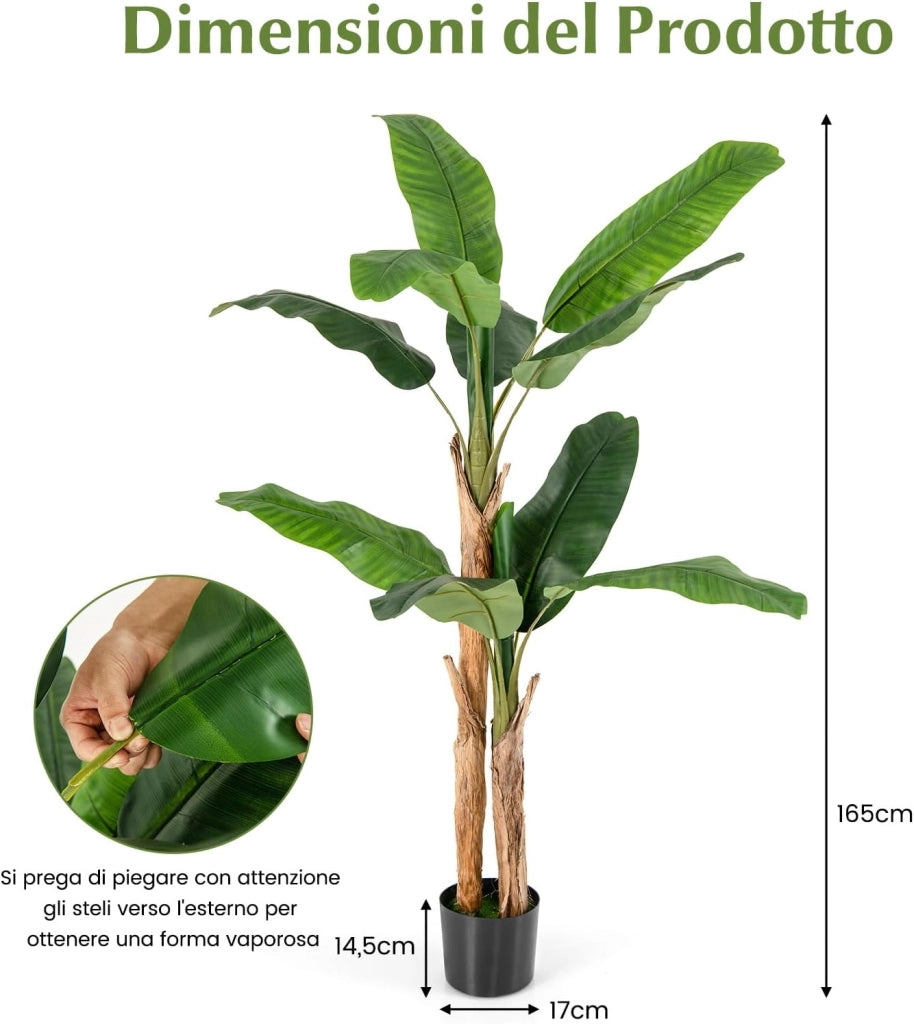 Pianta Finta da Interno ed Esterno 160/165/195 cm, Banano Artificiale Alto con Foglie e Tronchi, Pianta Artificiale Grande in Vaso per Salotto, Ingresso e Ufficio (165 cm)