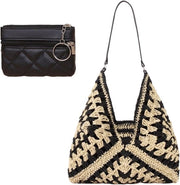 Borsa da spiaggia in paglia naturale per donna con appoggio per borsa - cesta a intreccio boho in pelle nera - dimensione M