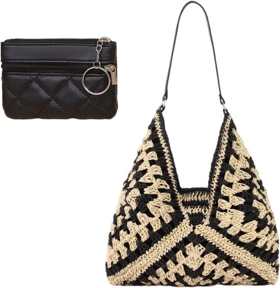 Borsa da spiaggia in paglia naturale per donna con appoggio per borsa - cesta a intreccio boho in pelle nera - dimensione M