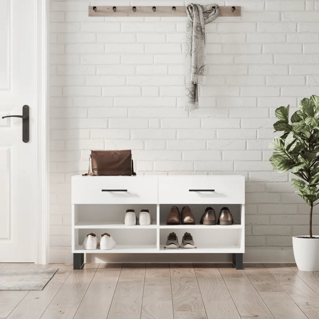 Panca Porta Scarpe | Scarpiera | Mobile per scarpe Bianco Lucido 102x35x55 cm Legno Multistrato