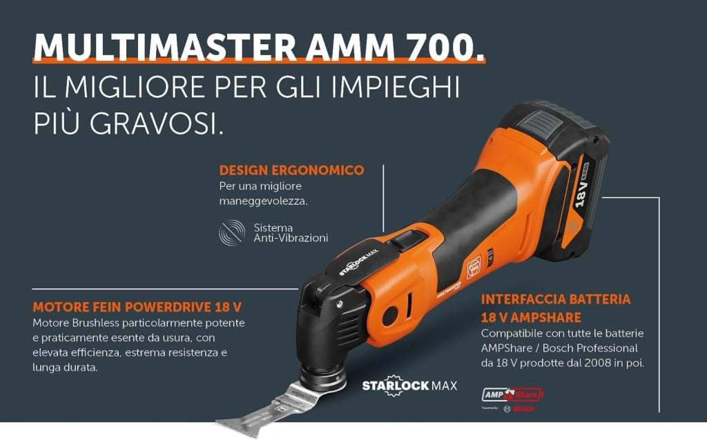 Multimaster a batteria AMM 700 Max Top AS, con 60 accessori per lavori di ristrutturazione e rinnovo, compatibile con AMPShare/BOSCH 18V, batteria e caricabatteria non inclusi