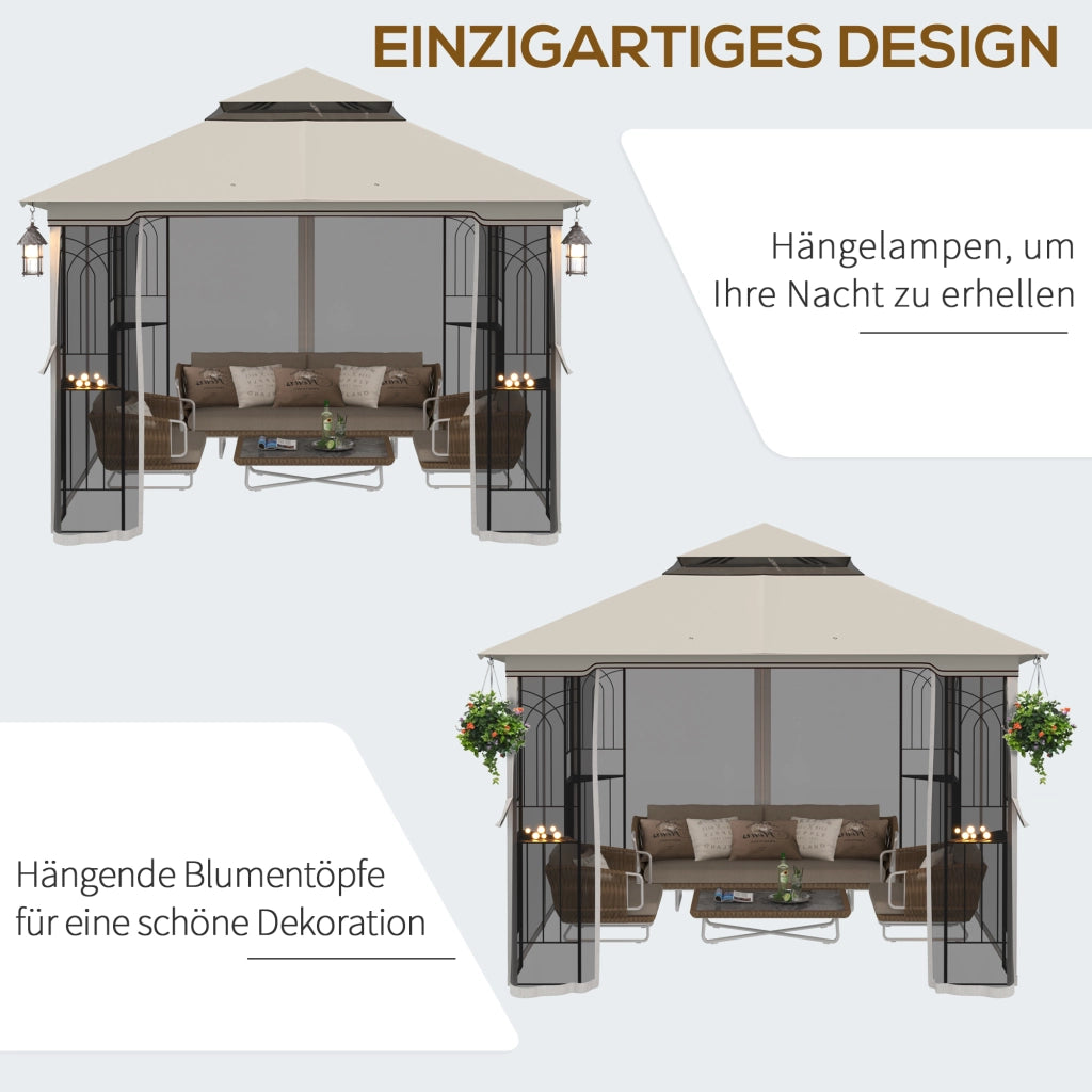 Gazebo da giardino con doppio tetto Tenda da giardino Tenda da giardino Tenda per feste con 4 x pareti laterali in metallo+poliestere beige 2;99 x 2;99 x 2;74 m