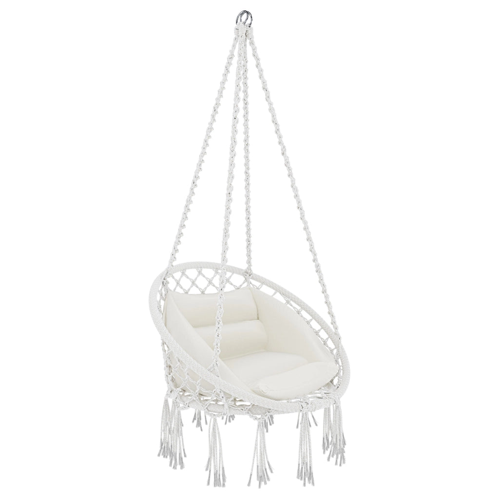 Poltrona Sospesa Pensile Da Giardino Con Corda In Cotone Effetto Macramè E Struttura In Acciaio Cuscino Sedia Dondolo Amaca Con Seduta Imbottita Esterno Terrazzo Design Moderno Fino A 160 Kg Beige