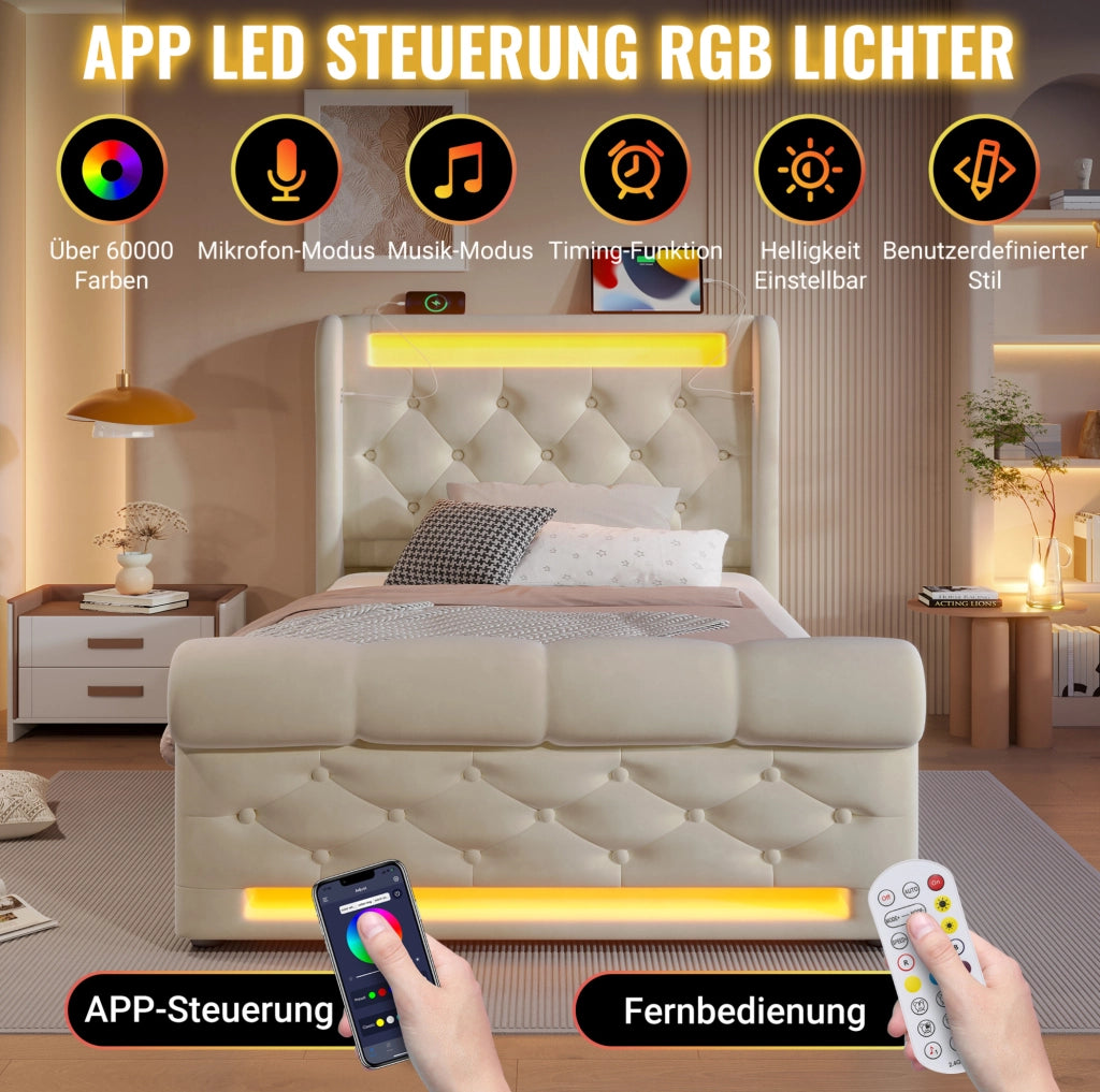 Letto singolo imbottito 90x200 con LED, USB-C e materasso