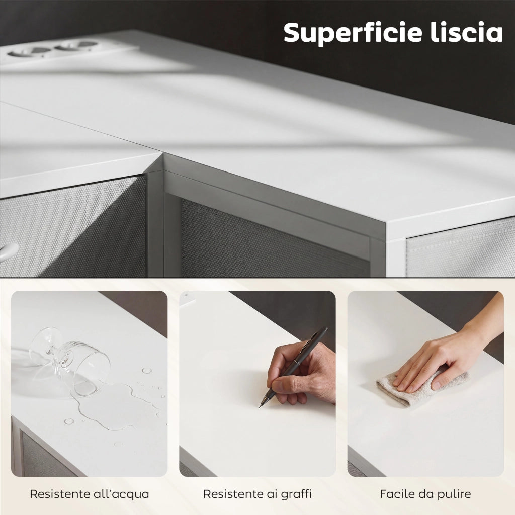 Scrivania Angolare a 6 Cassetti con Gancio Laterale e Prese Integrate, in Legno e Acciaio, 126x48x80 cm, Bianco
