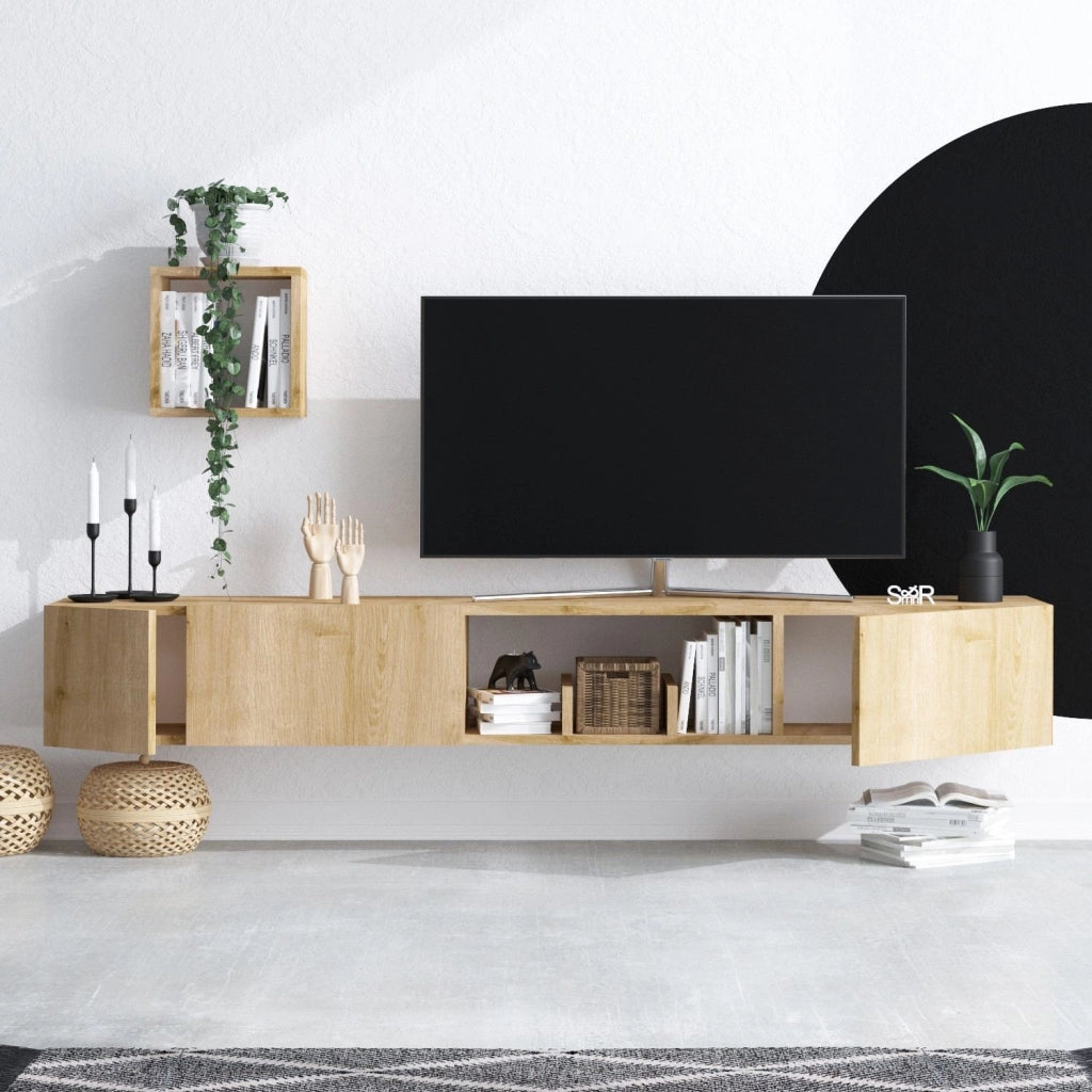 Porta TV in legno "Avior" con mensola a muro - 180 x 32 x 25 cm - Beige