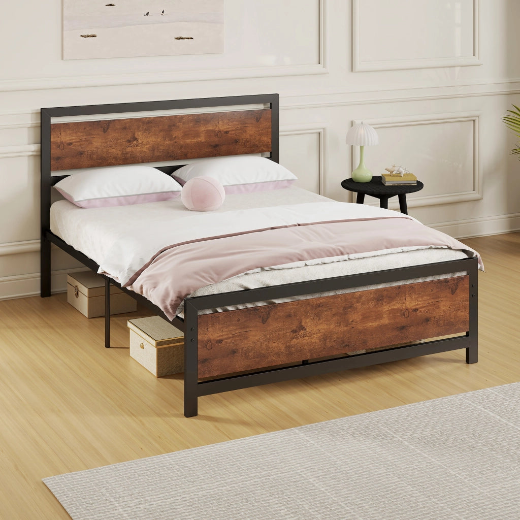Letto Matrimoniale in Acciaio con Testiera e Rete a Doghe ¨C Zephmum ¨C 140x190 cm Marrone