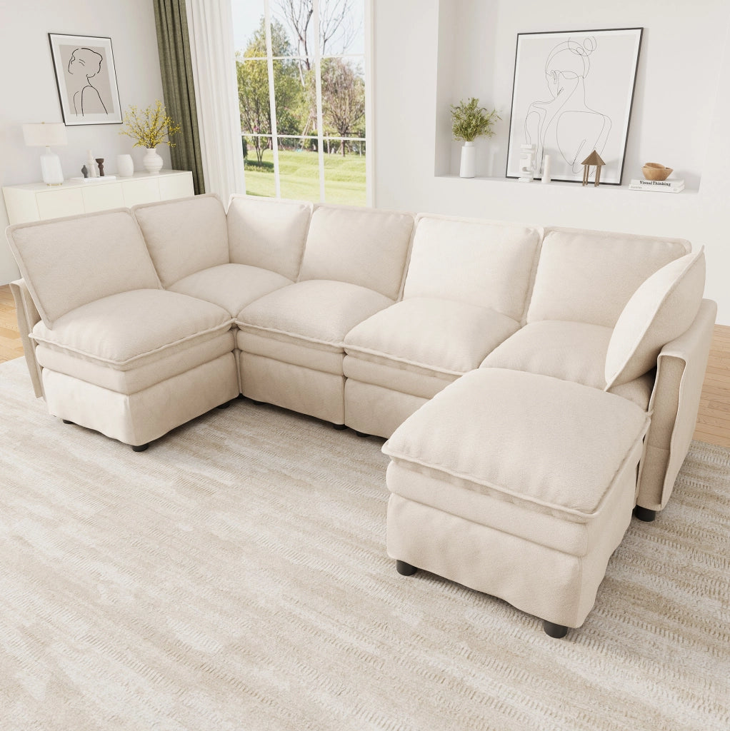 Divano modulare XXL con funzione letto; configurabile a U o L; chenille beige 344 cm