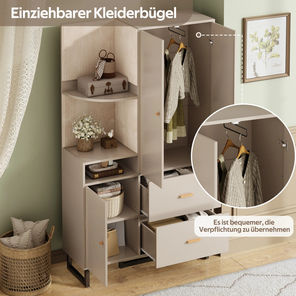 Armadio da ingresso con appendiabiti, ripiani, 2 cassetti e scarpiera, in MDF beige grigio