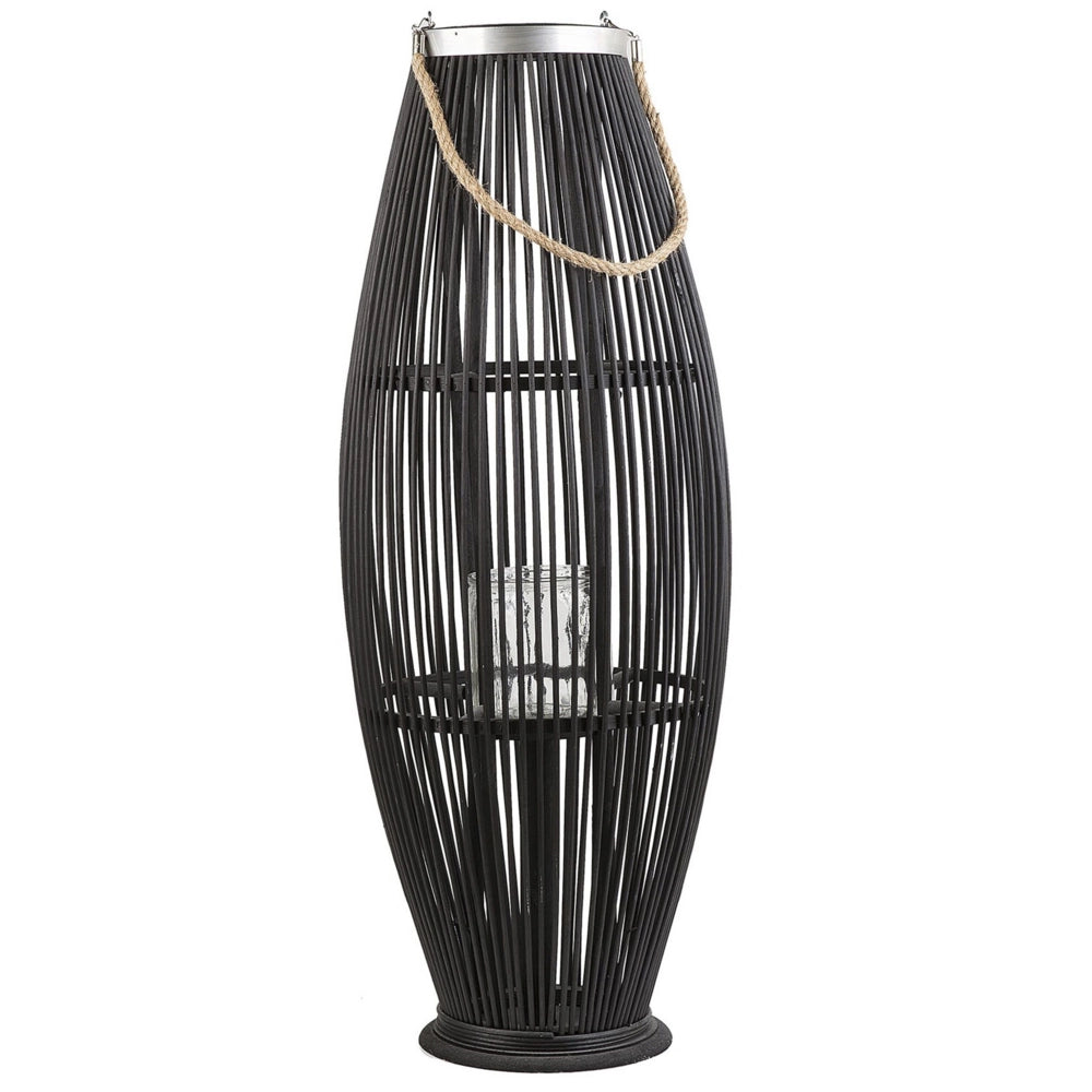 Lanterna in bambù naturale intrecciato nero 84 cm decorativo stile moderno