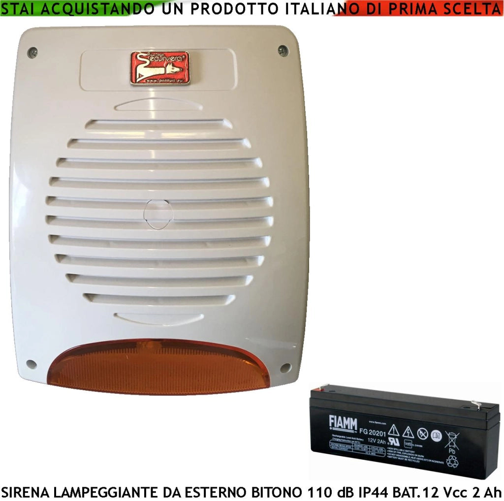 Sirena Lampeggiante a Led Segnale Stato Impianto Antifurto da Esterno Melodia Bitono 110 dB Frequenza da 1724/2475 Hz Allarme Caduta Polarità Alimentazione 12 V Assorbim. 1,9 A Con Batteria 12 V 2 Ah