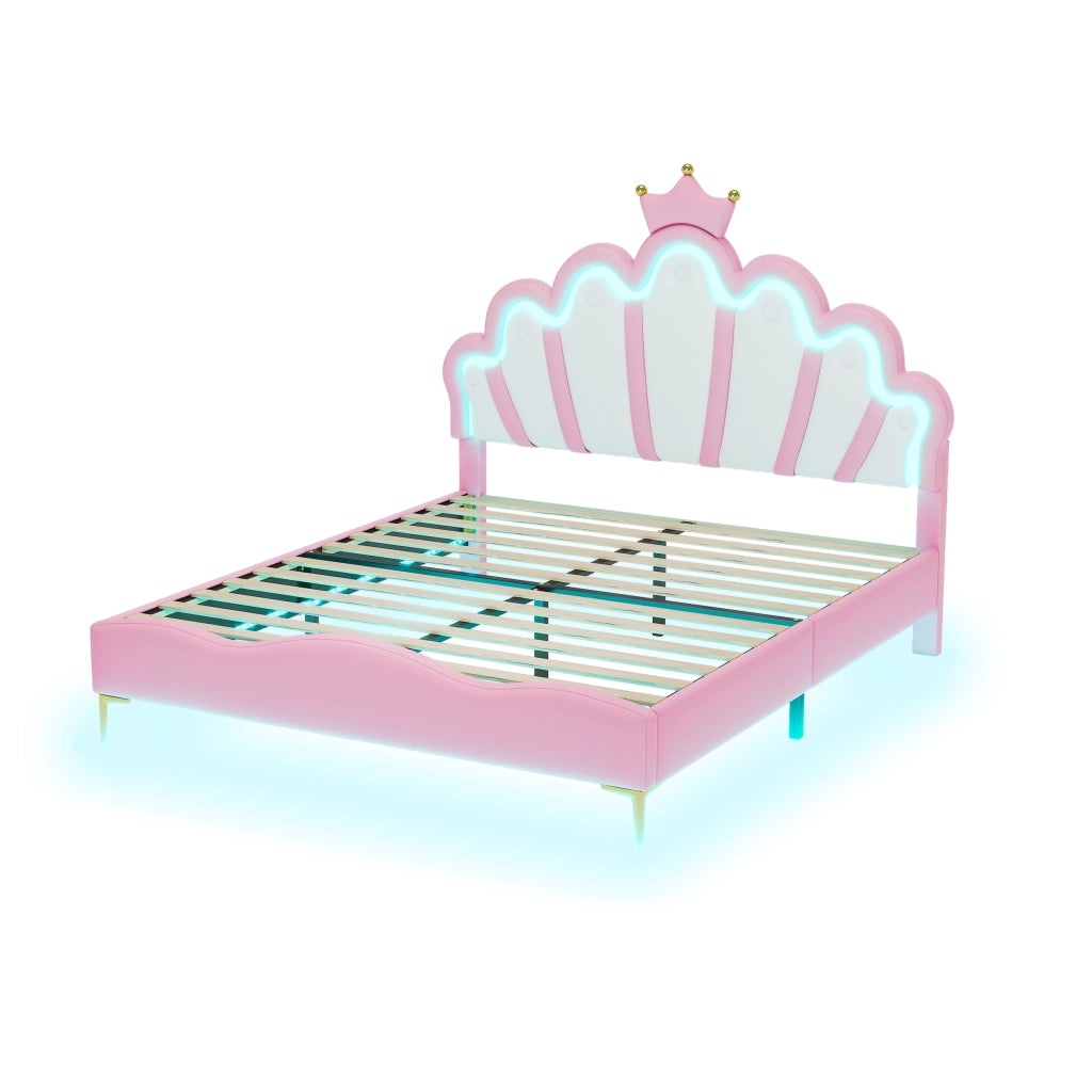 Letto Matrimoniale 140×200 cm con LED Regolabile e Testiera Regolabile; senza Materasso; PU; Rosa