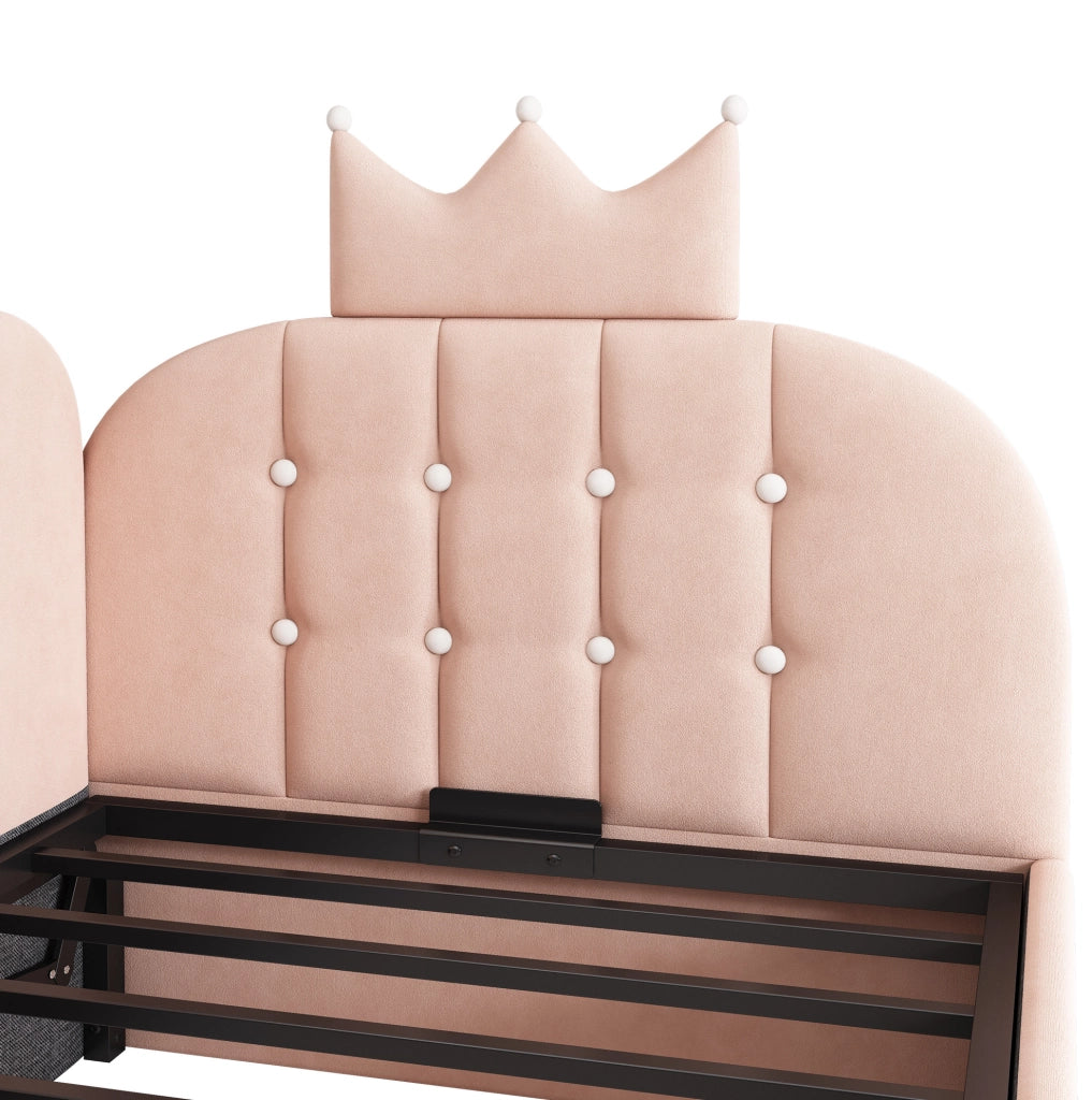 Letto da giorno L con testiera a corona; rete sollevabile e contenitore 90x200 cm in velluto rosa