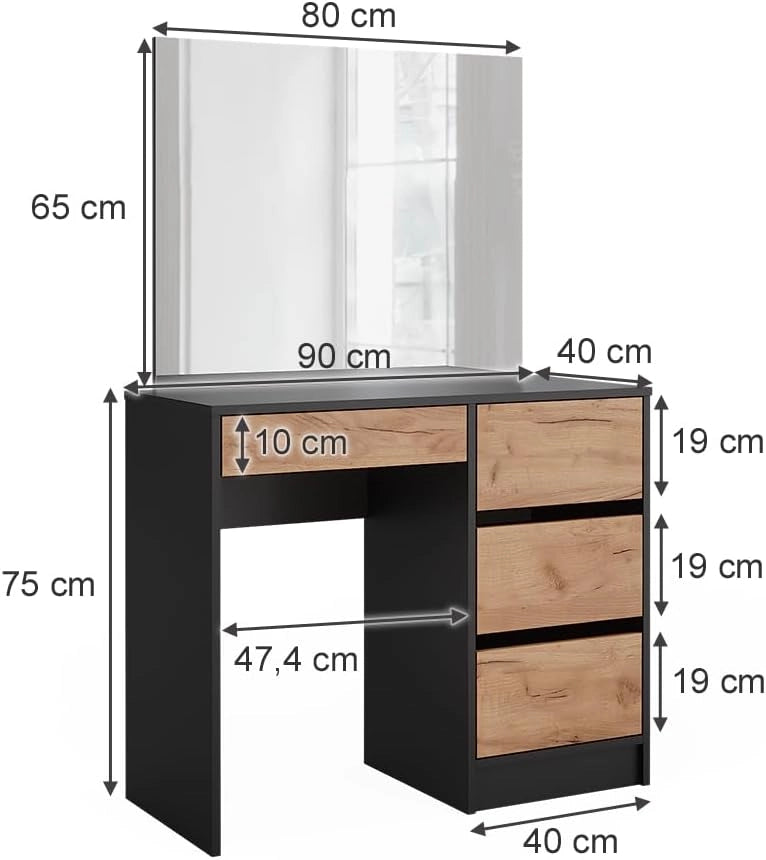 Tavolo da toilette Sherry, Antracite/quercia dorata, 90 cm con specchio, con grande specchio per la cura quotidiana e la creazione di acconciature