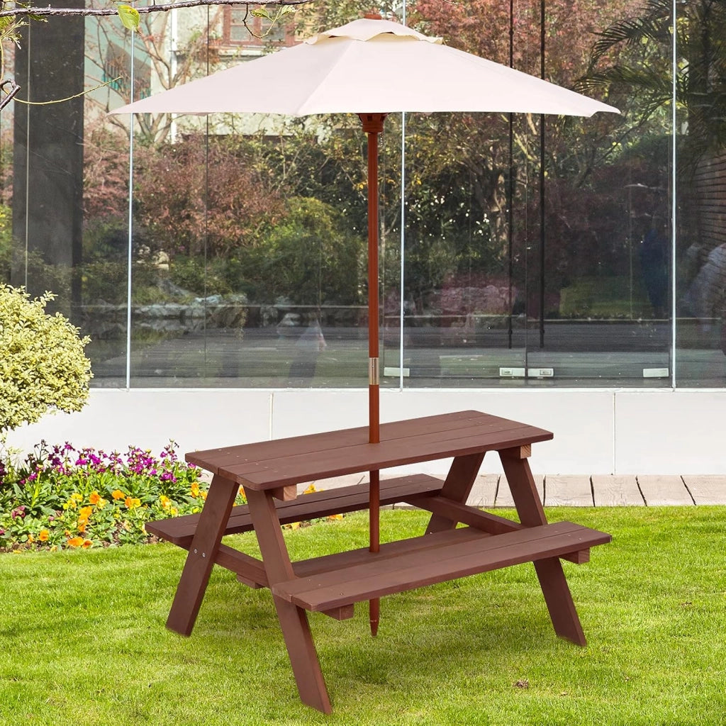 Tavolo da Picnic per Bambini con Parasole Pieghevole, Set di Tavolo e Panche per Giardino con Ombrellone Rimovibile, Panche in Legno, per Giardino, Cortile, Prato