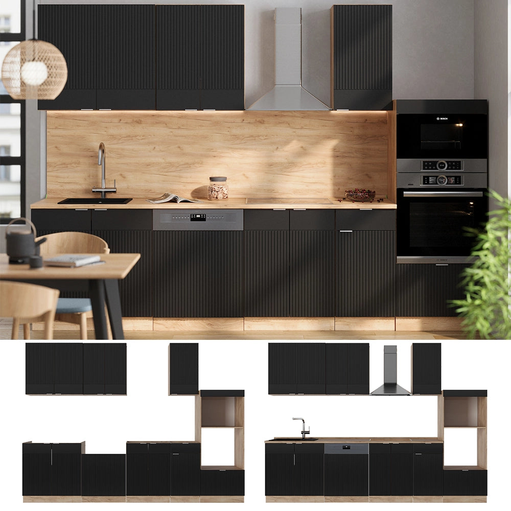 Cucina componibile Fame-Line Nero rigato/Rovere dorato 300 cm con armadio alto, PL Rovere Vicco