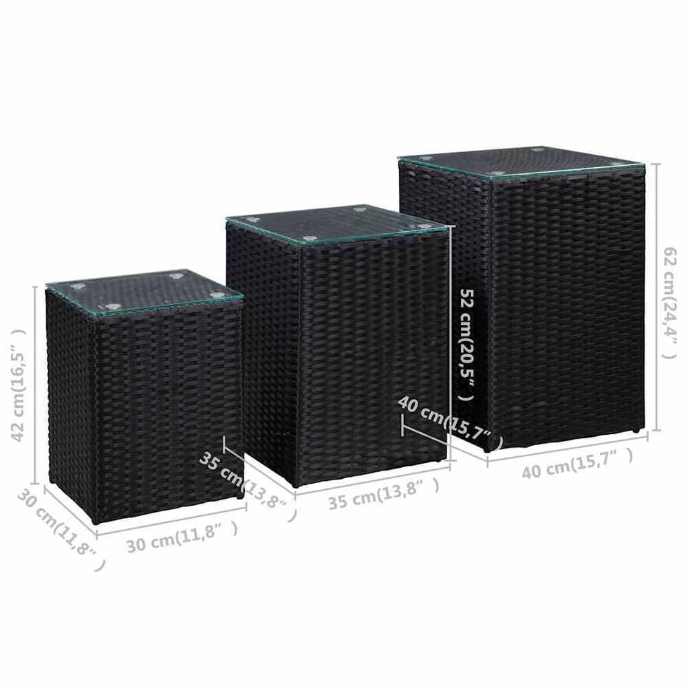 Side Tables, Set Of 3, With Glass Tops, Black Poly Rattan