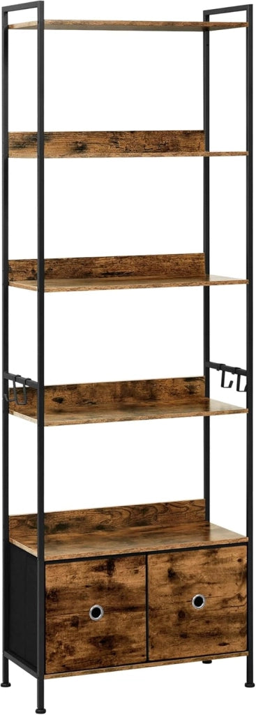 Libreria a 5 Piani con 2 Cassetti, Scaffale di Stoccaggio a Pavimento, Industriale, Struttura in Acciaio, Soggiorno/Ufficio/Studio/Cucina/Camera da Letto, Marrone Rustico+Nero, RGB62vbn