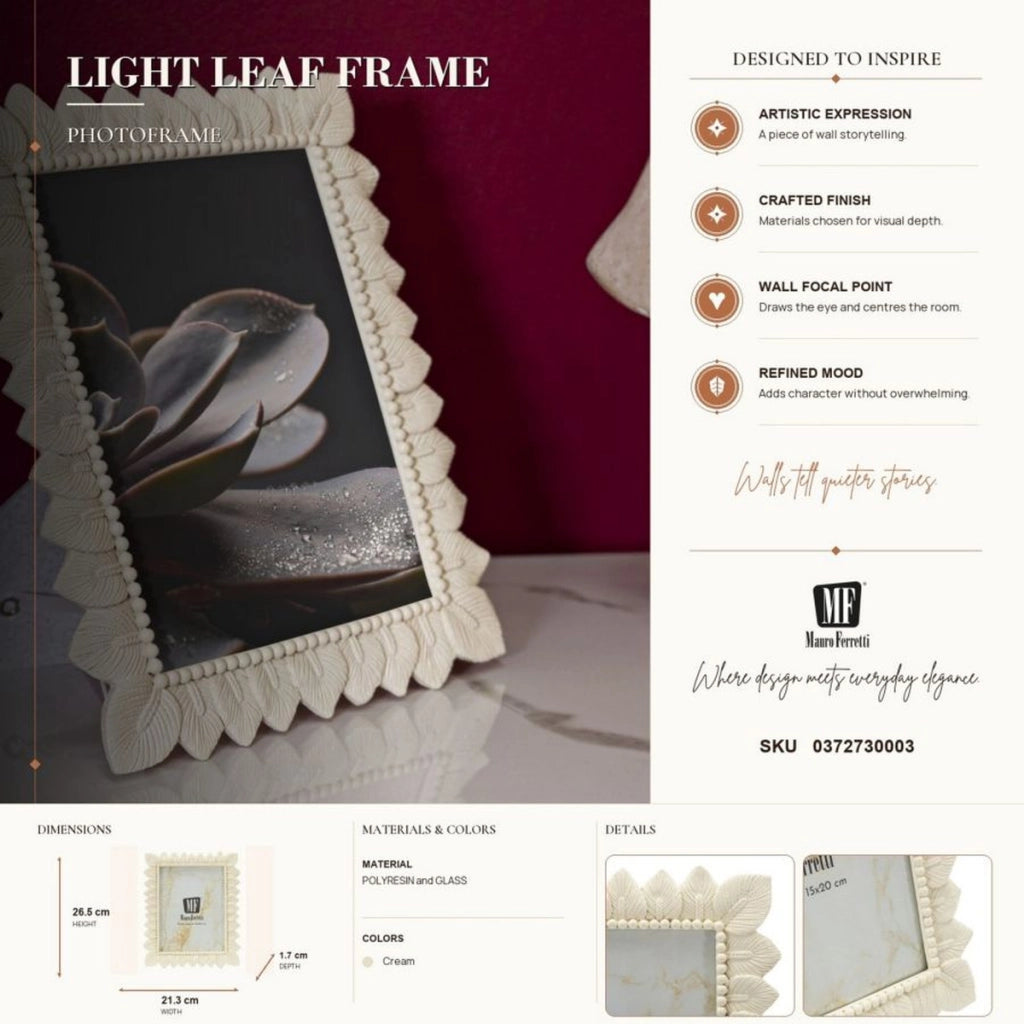 Cornice portafoto Light Leaf in resina crema con foglie 15x20
