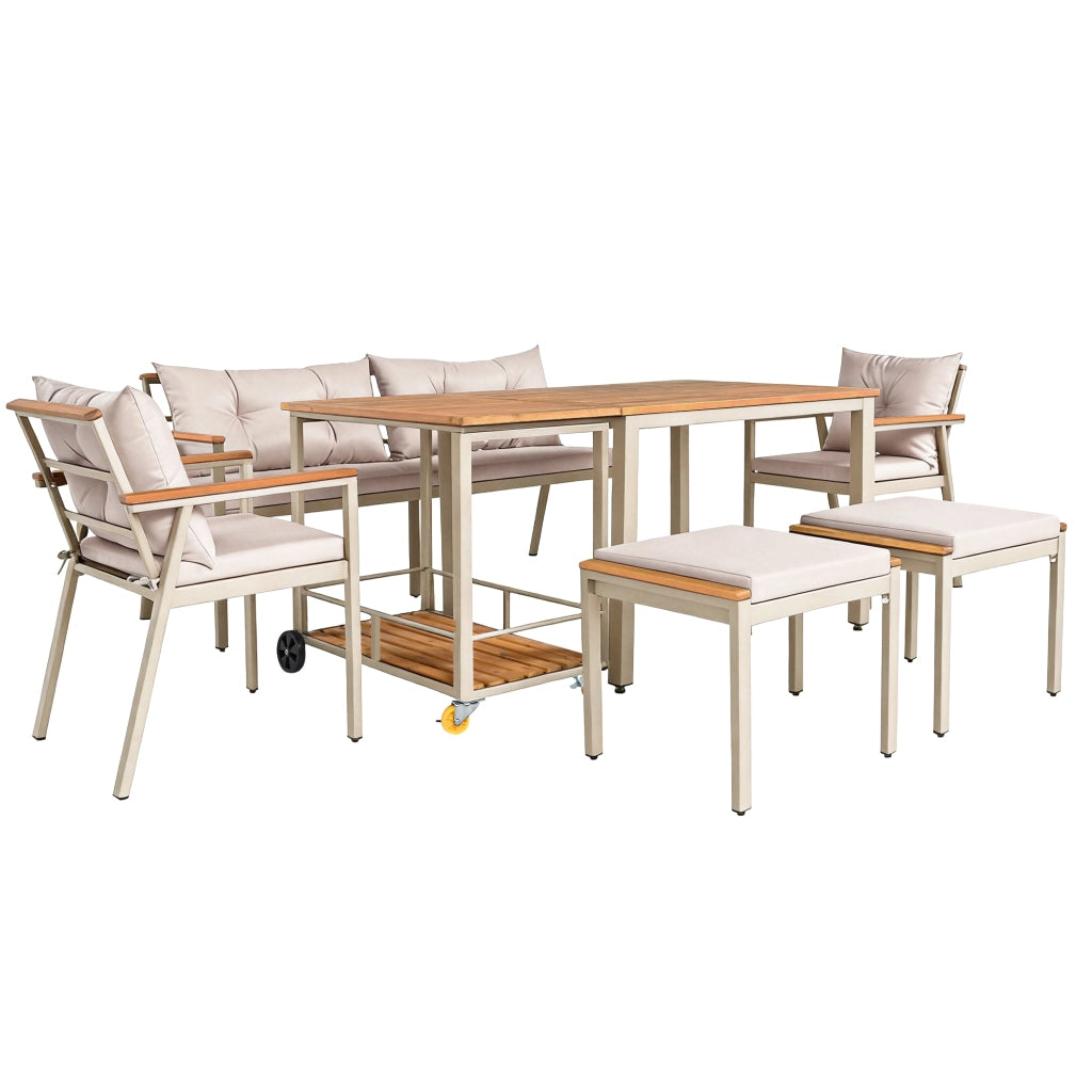 Set da pranzo per esterni da 6-7 posti in legno di acacia e metallo beige con carrello rimovibile per giardino