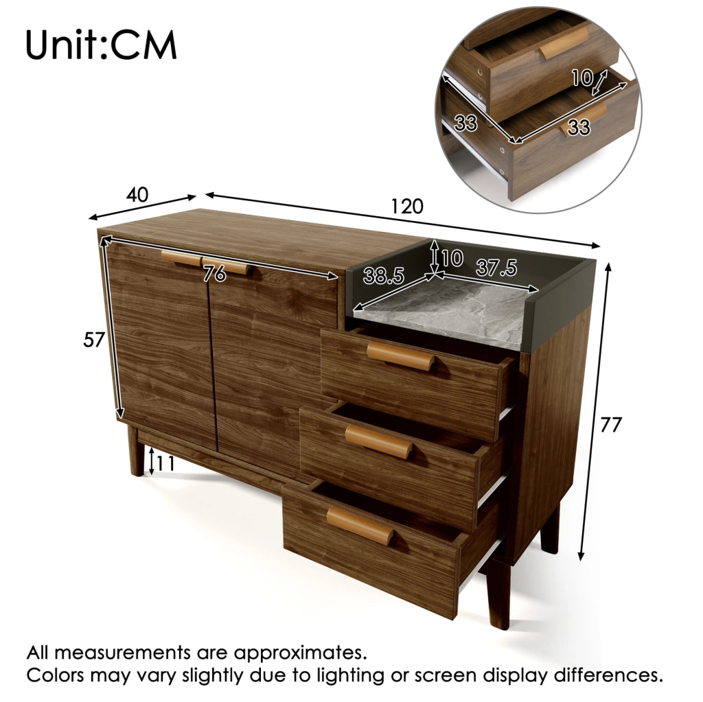 Credenza moderna rovere scuro con piano effetto marmo, 3 cassetti e ripiani regolabili
