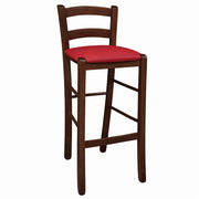 Sgabello in legno noce scuro h 67 cm con seduta imbottita in similpelle rossa
