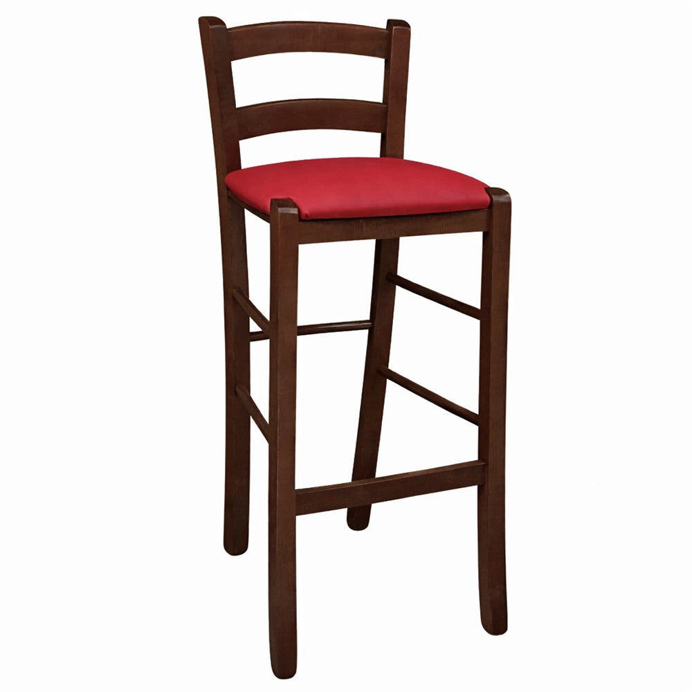 Sgabello in legno noce scuro h 67 cm con seduta imbottita in similpelle rossa