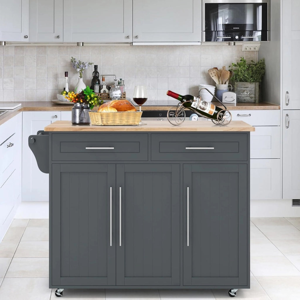 Carrello Portaoggetti con Ruote con 2 Freni, Isola Cucina in Rovere Massiccio, Mobiletto da Pranzo con Portaspezie e Portasciugamani, per Soggiorno, 111,5 x 46 x 93 cm, In 2 Pacchi (Grigio)