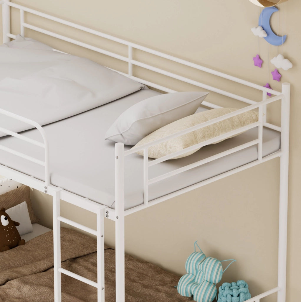 Letto a castello in acciaio bianco 90 x 190 cm con scala e sponde