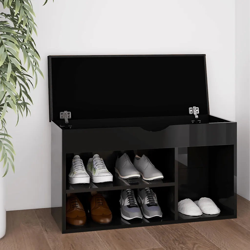 Panca Porta Scarpe | Scarpiera | Mobile per scarpe Cuscino Nero Lucido 80x30x47cm Multistrato