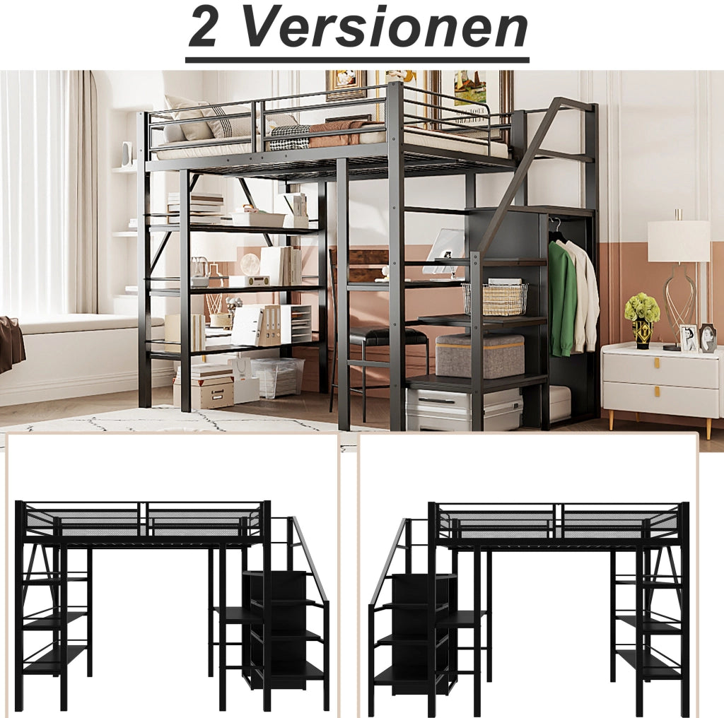 Letto alto modulare 140 x 200 cm con scrivania; armadio e scala contenitore; metallo nero