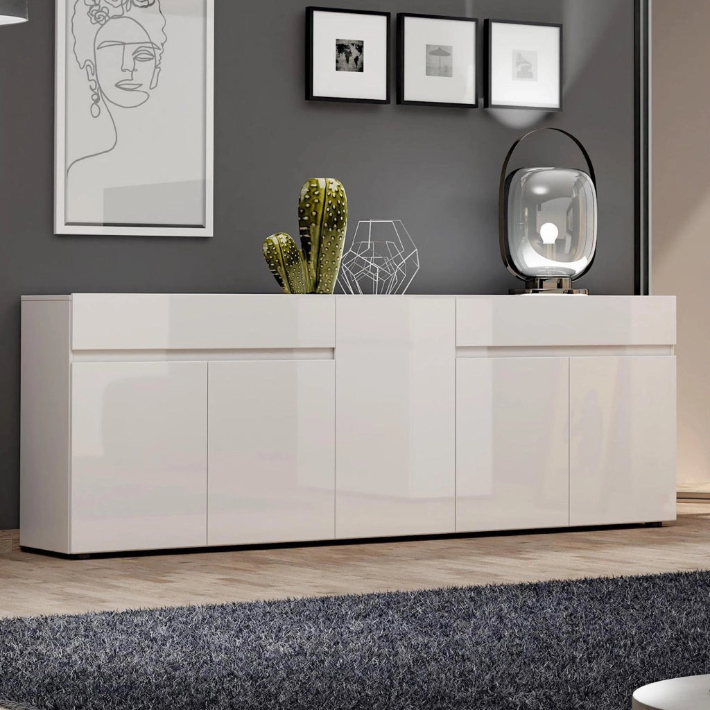 Credenza Elenia, Buffet da soggiorno, Madia da salotto, Dispensa da cucina, Made in Italy, 225x38h79 cm, Bianco lucido