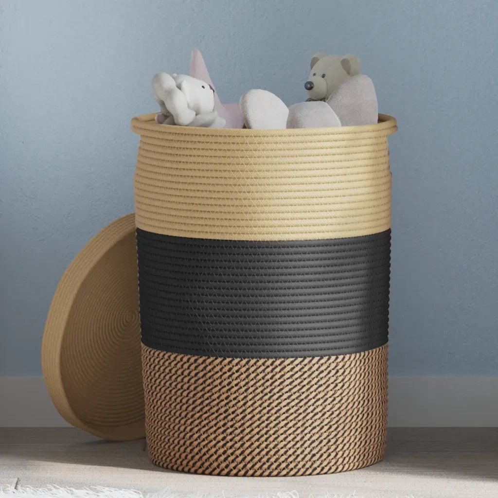 Cestino Portaoggetti con Coperchio Nero e Beige ?37x50cm Cotone CFW5361313