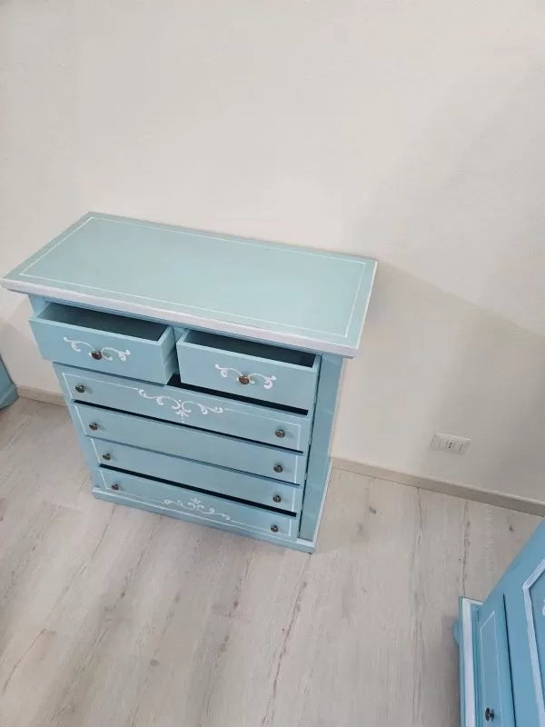 Cassettiera 6 cassetti in legno shabby azzurro anticato decorato 86x40x96 - Mobili 2G