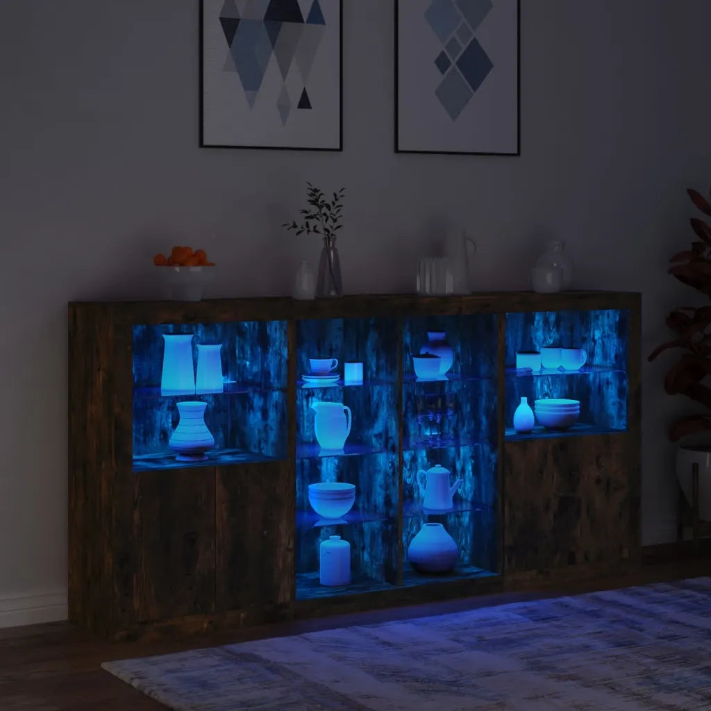 Credenza con Luci LED-Buffet-Armadio da cucina Rovere Fumo 202x37x100 cm