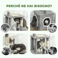 Albero Tiragraffi per Gatti con Casetta, Lettino e 2 Palline, in Legno e Peluche, 55x40x107 cm, Grigio e Bianco