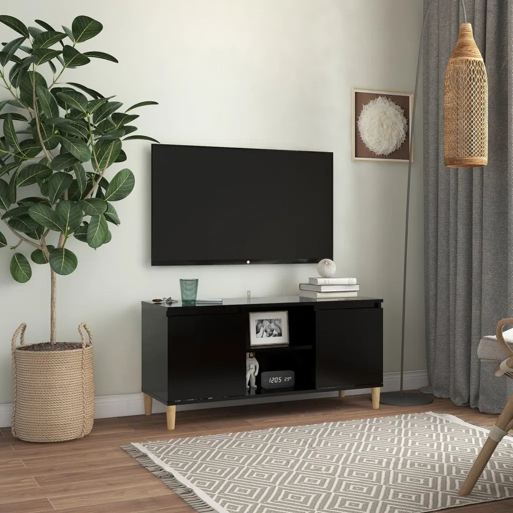 Comodino | Armadio da Notte | Mobiletto da notte con Gambe in Legno Massello Nero 103,5x30x50 cm