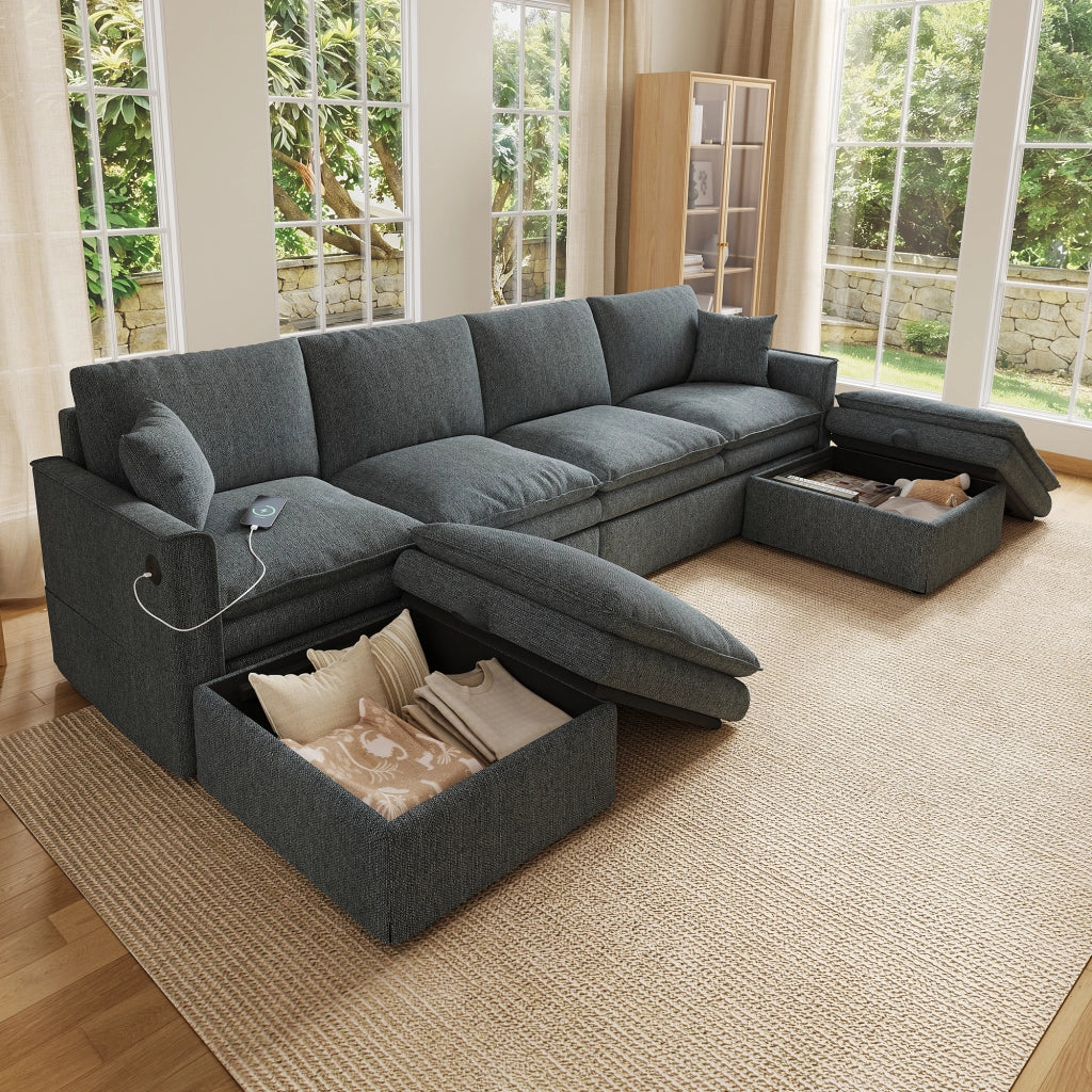 Divano modulare 6 posti a U/L con 2 pouf contenitore e USB; grigio 277x135x80 cm