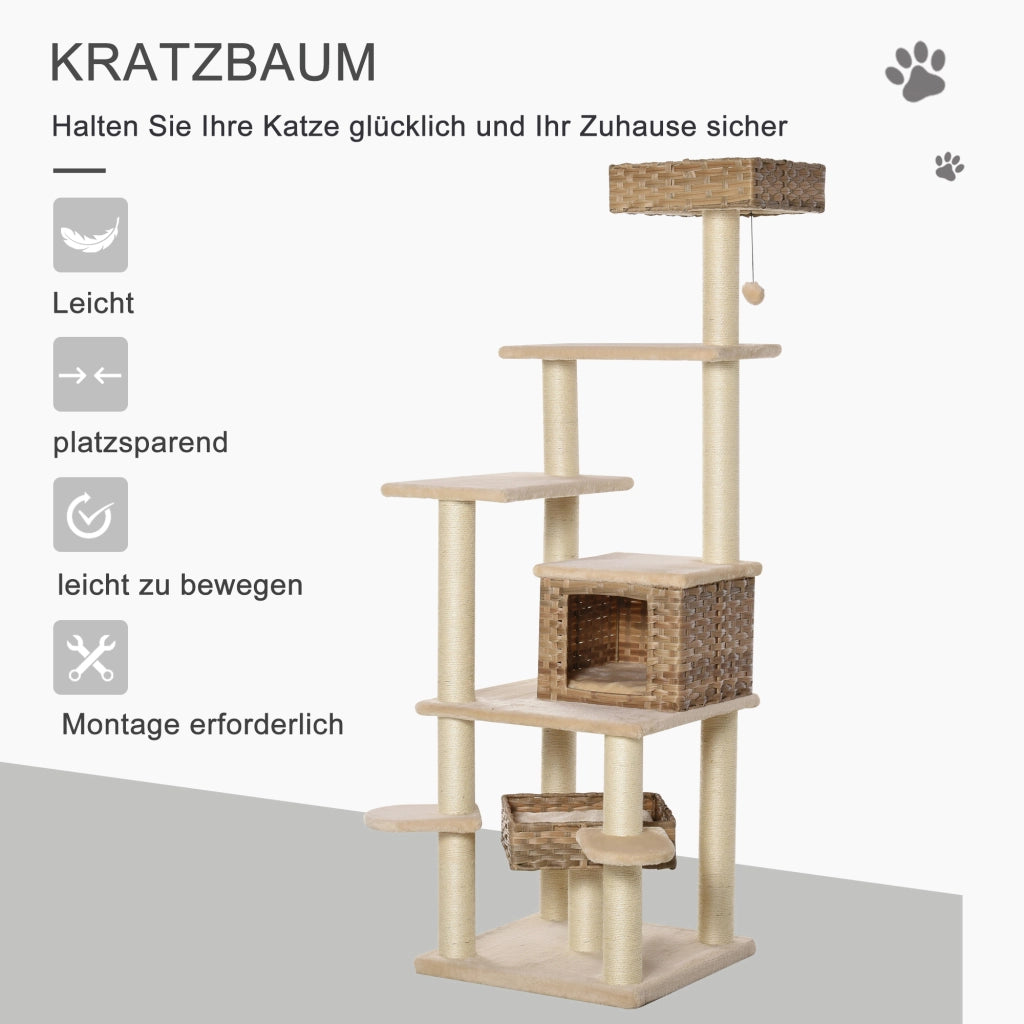 Albero per gatti a pi¨´ livelli con tana ¨C zephmum ¨C Rattan MDF Sisal Beige Marrone 55x55x174 cm