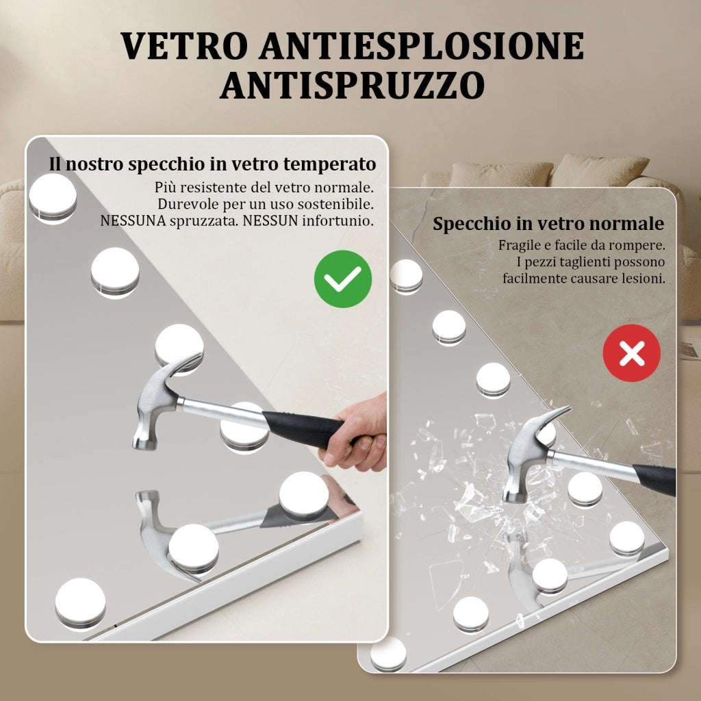 Specchio per il trucco con luce ,18 lampadine LED,3 modalit¨¤ di luce, intensit¨¤ regolabile,controllo touch,porta USB/tipo C,60*80*3cm