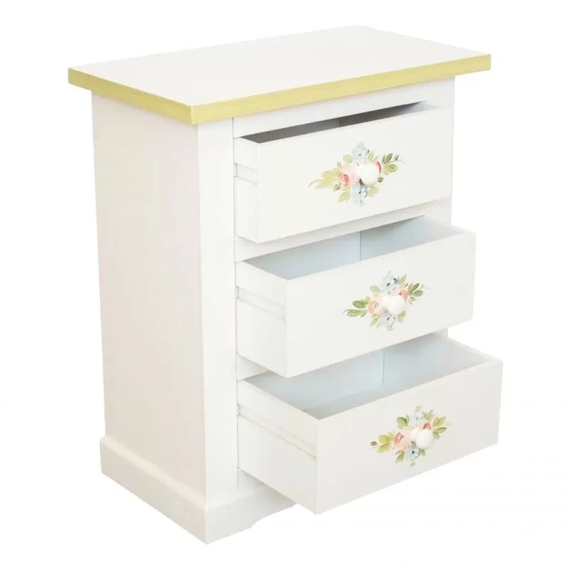 Comodino 3 cassetti legno shabby bianco decori filo verde 60x35x64 - Mobili 2G