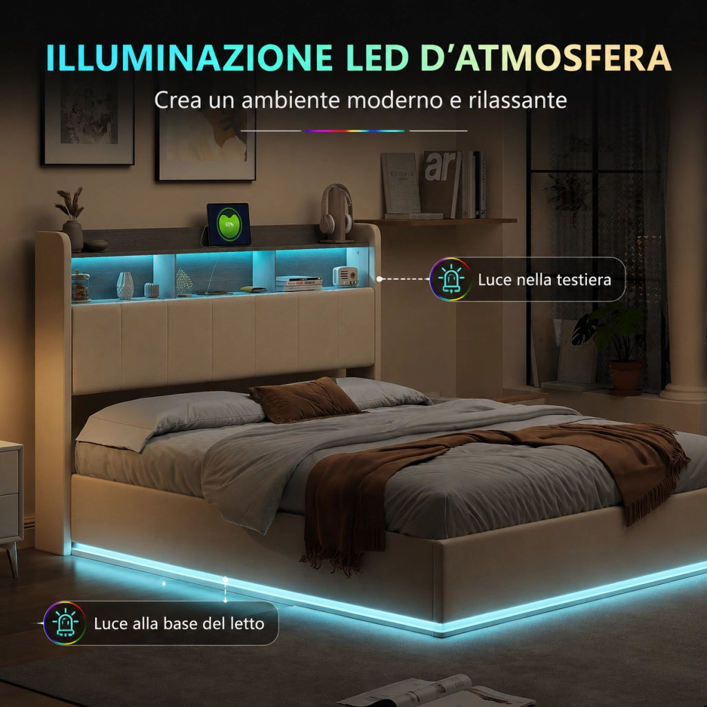 Letto matrimoniale contenitore idraulico 140x200 cm, rivestimento velluto beige, testiera con vani, LED RGB, porte USB‑A e USB‑C, capacità 350kg