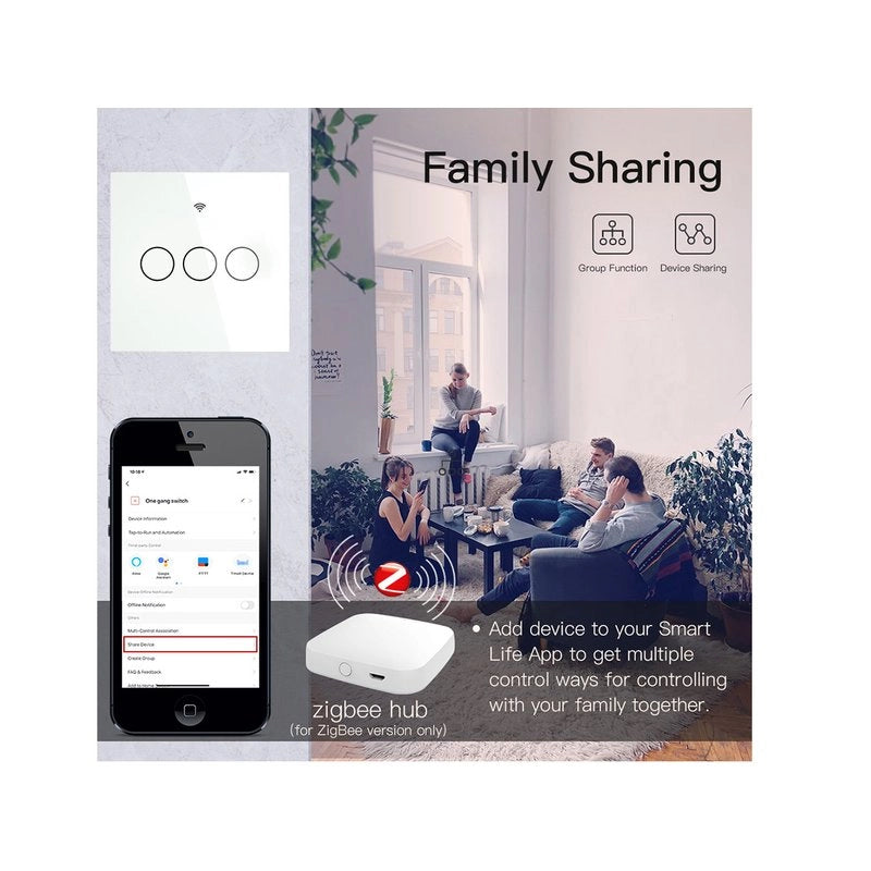 ZigBee Interruttore Smart Da Parete Con 3 Tasti Touch Con Pannello in Cristallo App Tuya Colore Bianco Scatola 503