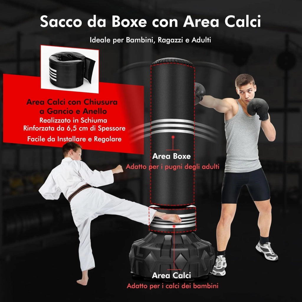 Sacco da Boxe da Terra Professionale con Area per Calci, Sacco Kick Boxing Autoportante con Base Riempibile da Sabbia e Acqua, 12 Ventose in Gomma e Struttura Multistrato