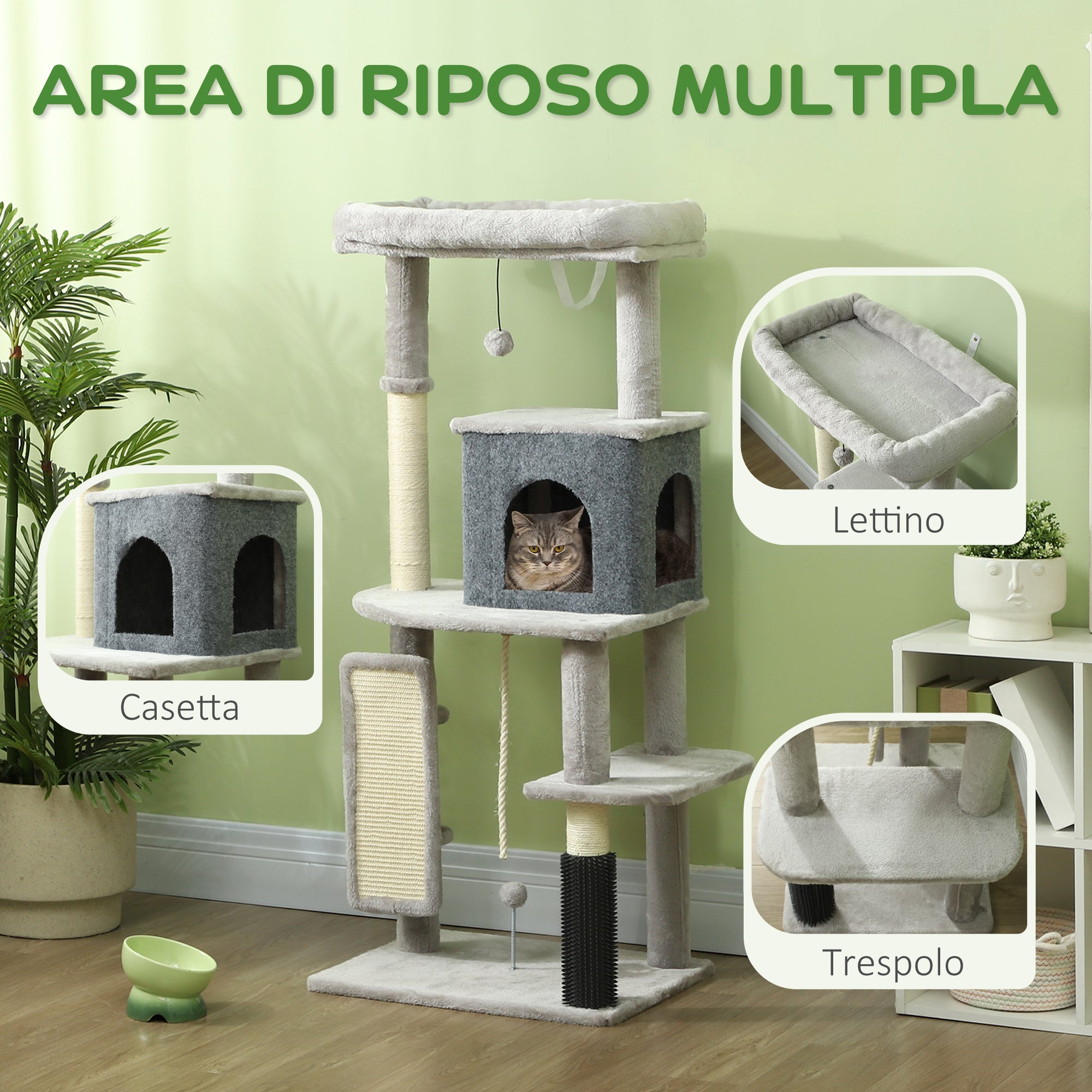 Albero Tiragraffi Multilivello Alto 132 cm con Casetta e Lettino in Peluche e Sisal Grigio