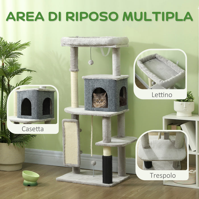 Albero Tiragraffi Multilivello Alto 132 cm con Casetta e Lettino in Peluche e Sisal Grigio