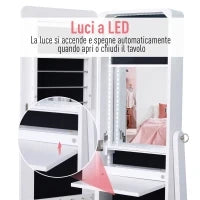 Armadio Portagioie Portagioielli con Specchio Regolabile e Illuminazione LED, Legno, Bianco, 30x146x36 cm