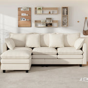 Divano angolare a 3 posti in ciniglia con chaise longue mobile, 4 cuscini e 3 schienali beige 212 × 150 × 90 cm