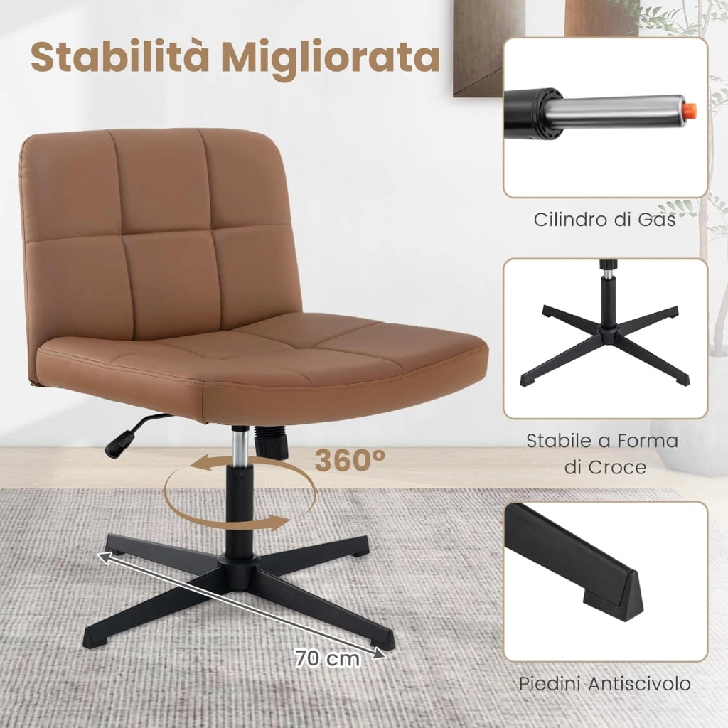Sedia da Ufficio a Gambe Incrociate, Sedia Scrivania con Seduta a U Spaziosa, Sedia Girevole per Casa e Ufficio, senza Ruote e Braccioli, Altezza Regolabile, Portata 150 kg (Marrone)